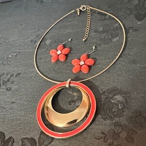 NEW YORK & CO. DARK ORANGE GOLD-TONE ENAMEL 17-20" NECKLACE AND EARRINGS